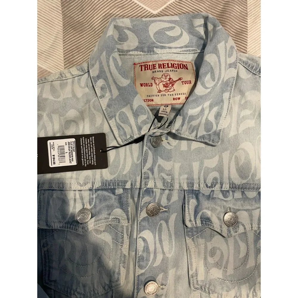 True Religion Jesse AOP Men’s L Logo Print Denim Trucker Jacket NWT msrp $184